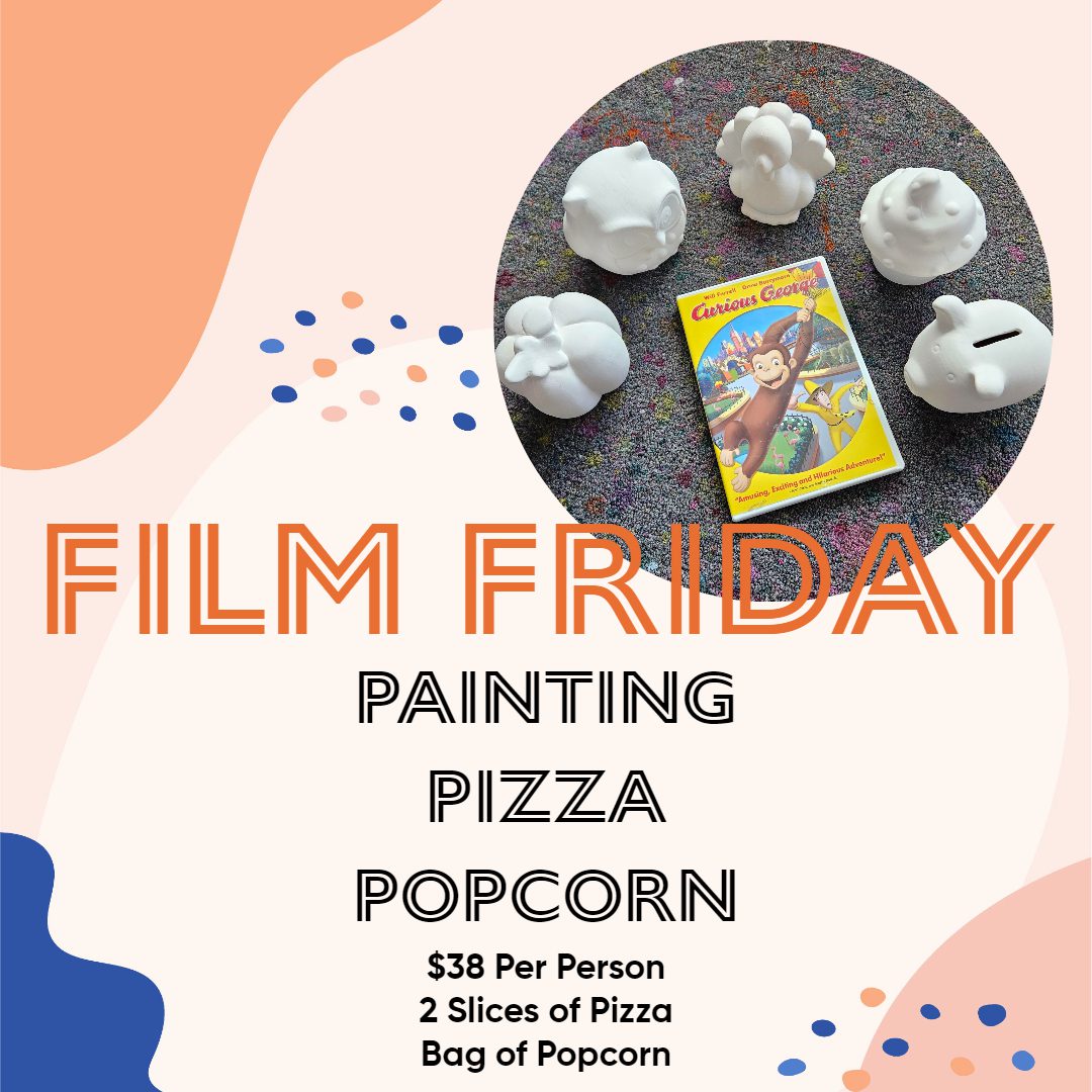 A poster with popcorn and painting on it.