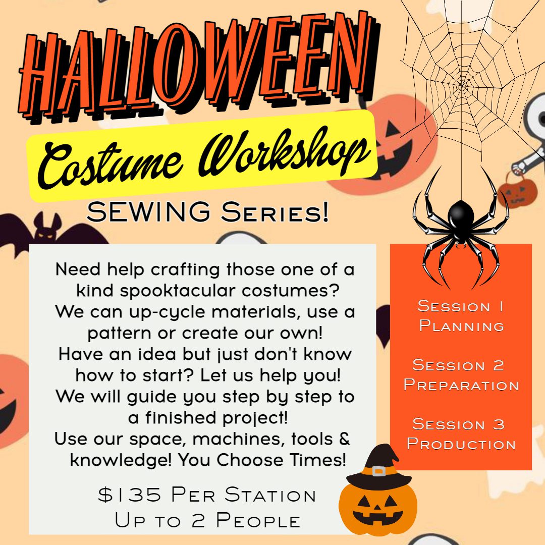 A poster for a sewing class with halloween themed designs.