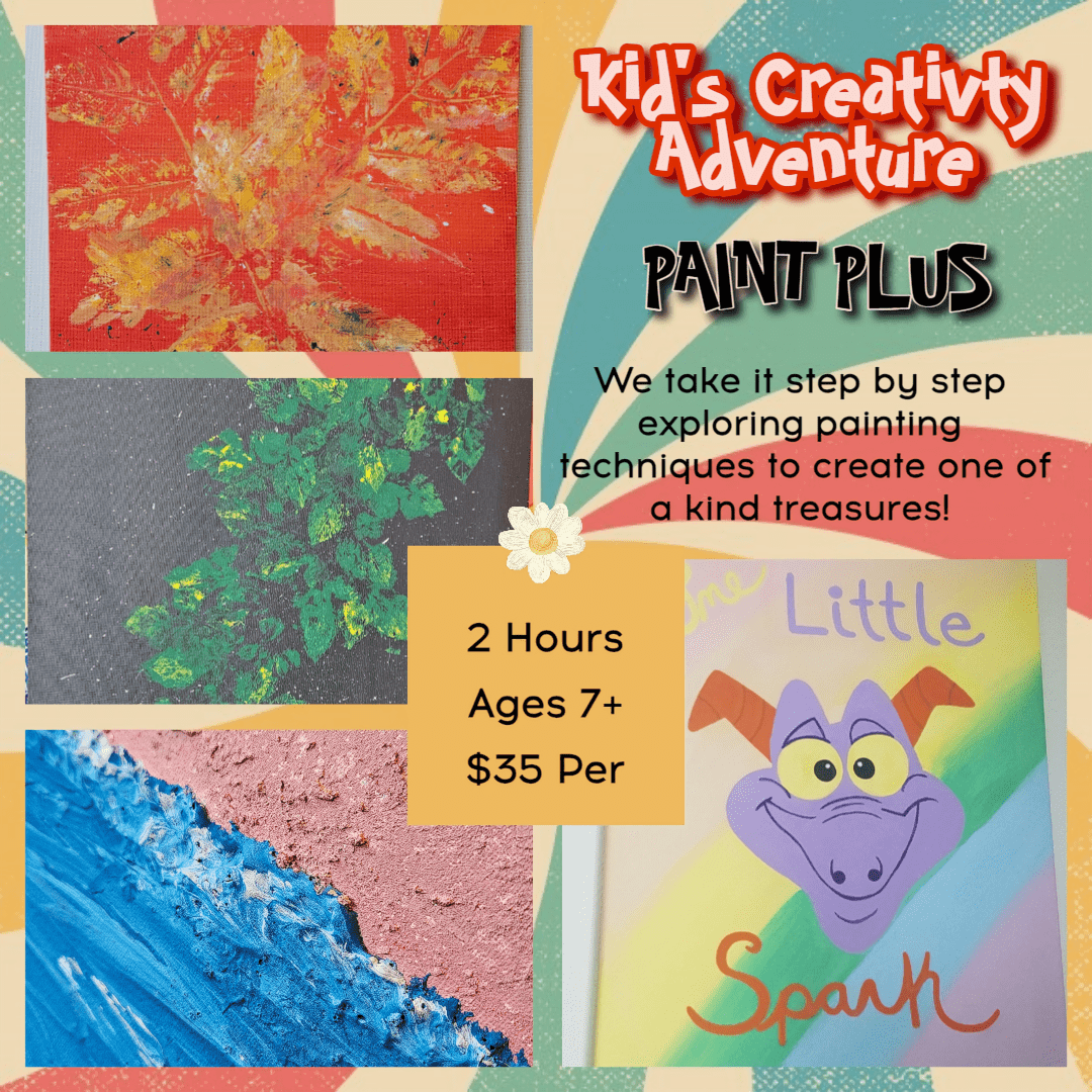 A series of paintings with the words " kid 's creativity adventure paint plus ".