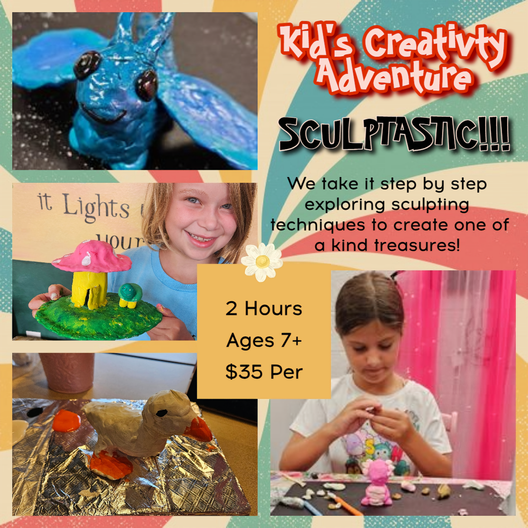 A collage of pictures with the words " kid 's creativity adventure sculptastic !!!"