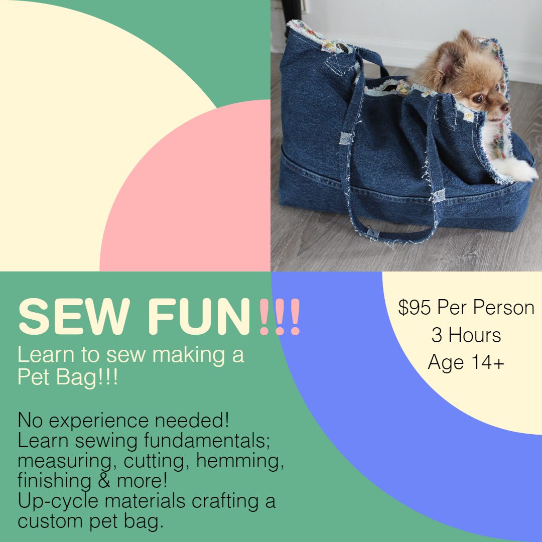 A dog in a bag with the words sew fun written on it.