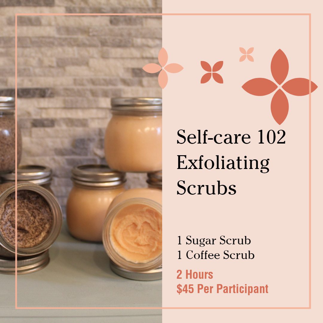 A table with jars of self-care 1 0 2 exfoliating scrubs.