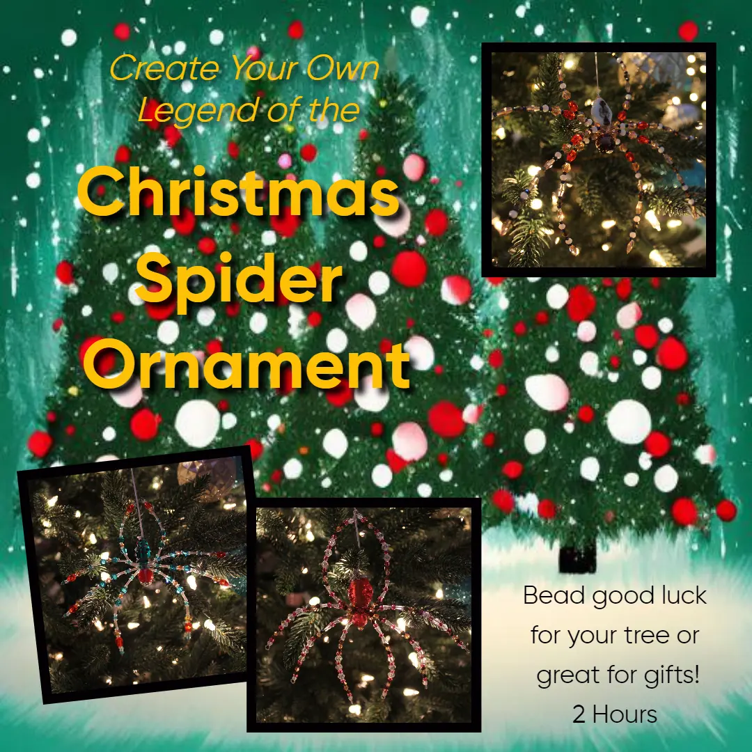 A christmas spider ornament is shown with text.