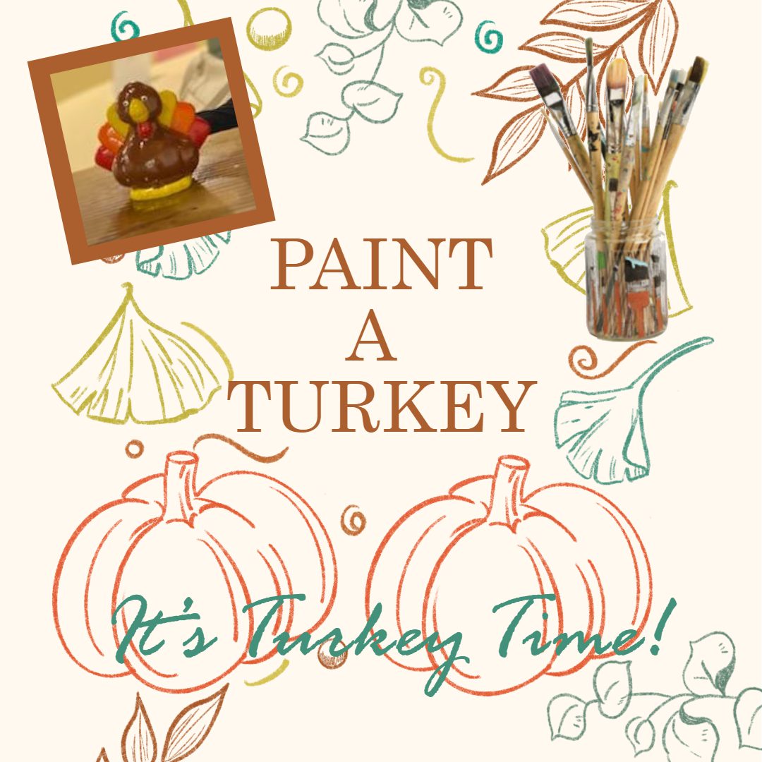 A painting of turkeys and pumpkins with the words " paint a turkey it's turkey time ".