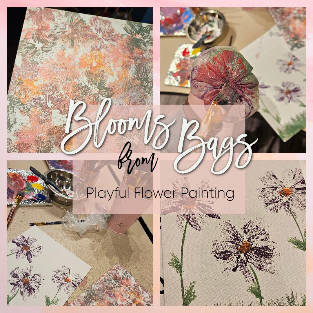A collage of photos with the words " blooms and bags " written in front.
