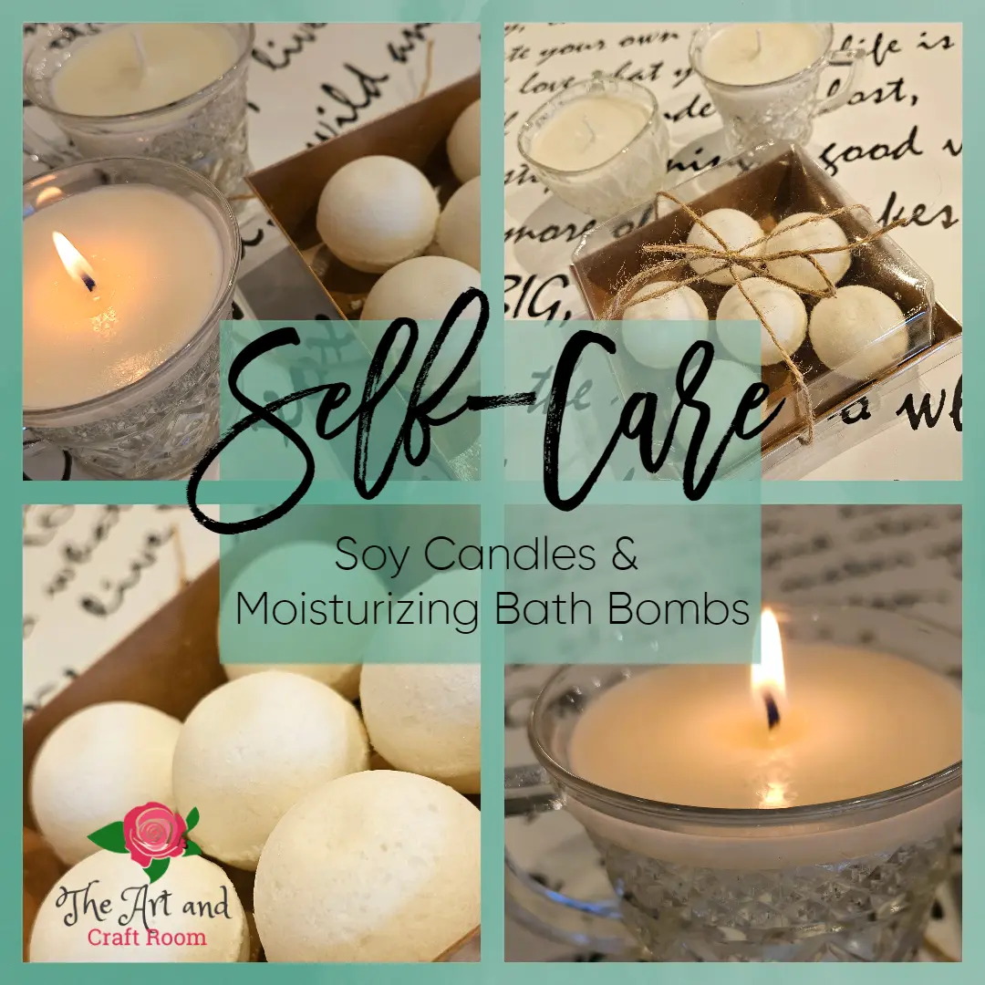 A collage of candles and bath bombs with text