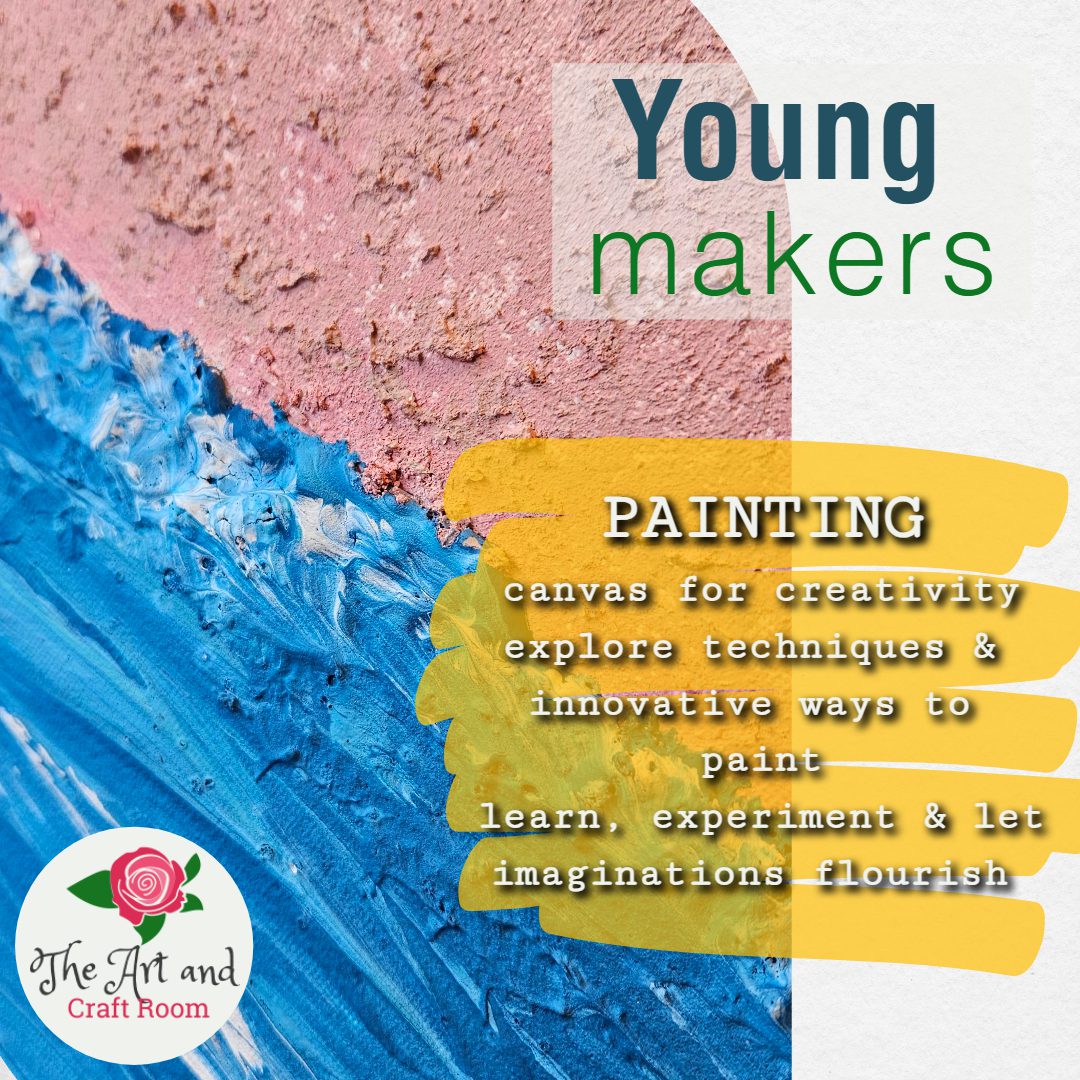 A painting of pink and blue with the words young makers.