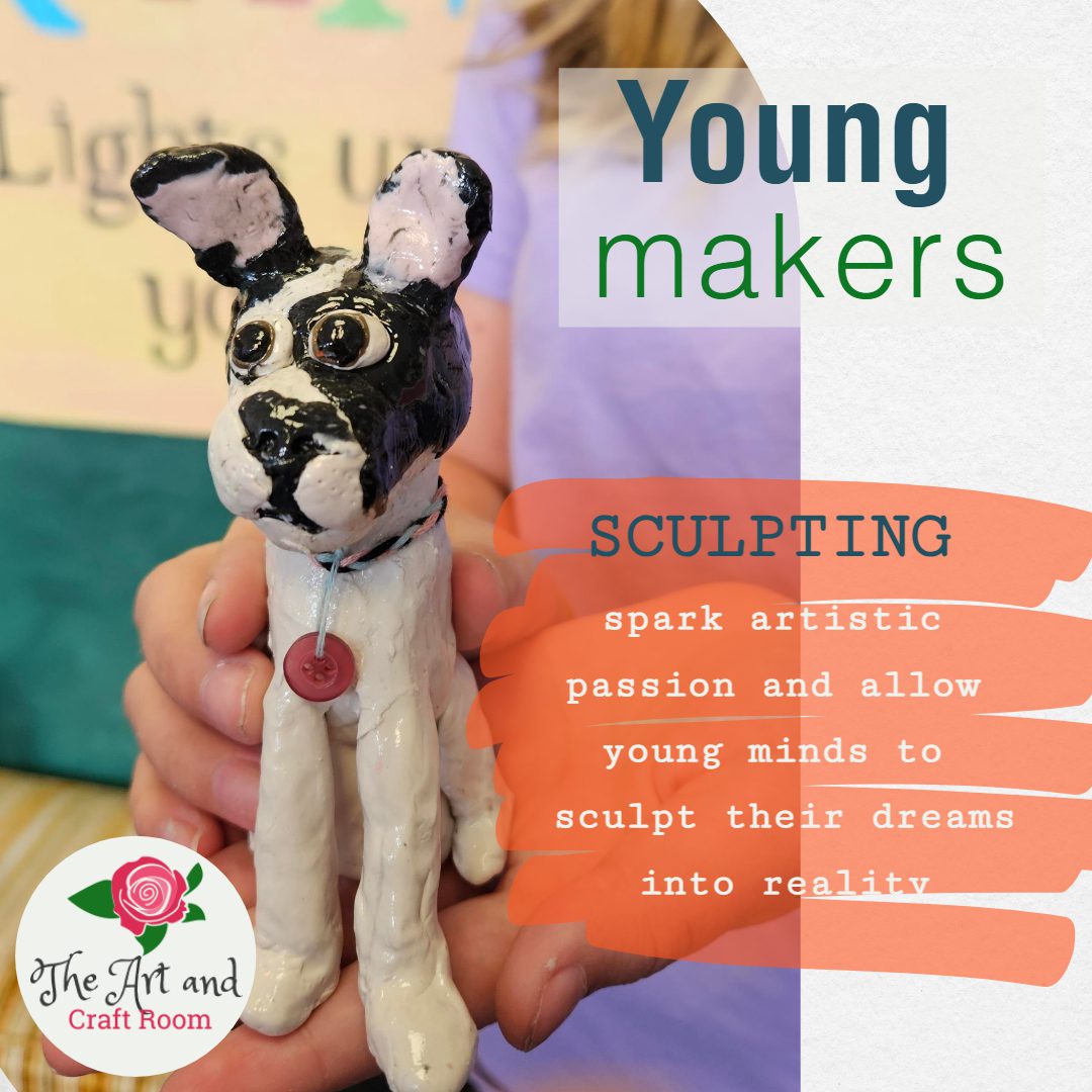 A black and white dog figurine with text that reads young makers sculpting spark artists passion and color young minds to sculpt their dreams into reality.