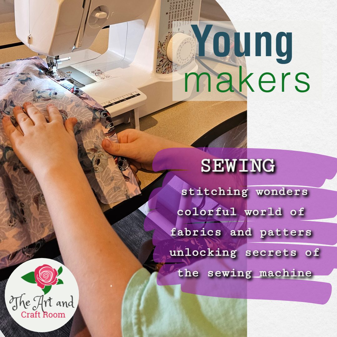 A person using a sewing machine with the words young makers underneath.