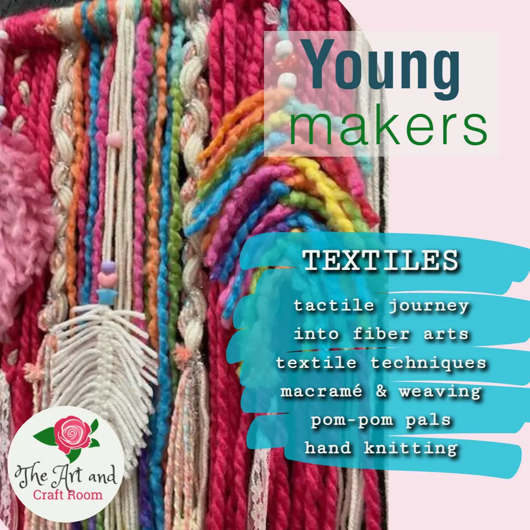 A colorful yarn wall hanging with text that reads young makers.